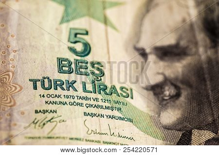 Close Up Turkish Lira Bills On Wooden Table, Turkish Lira (turkish Turk Parasi), High Exchange Rate 