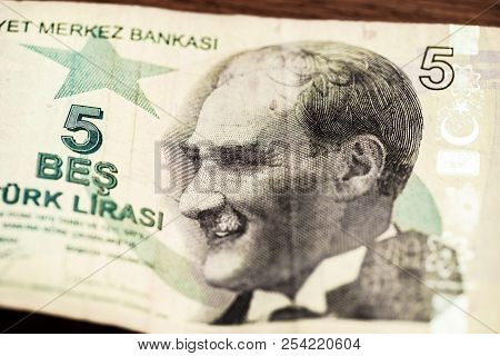Close Up Turkish Lira Bills On Wooden Table, Turkish Lira (turkish Turk Parasi), High Exchange Rate 