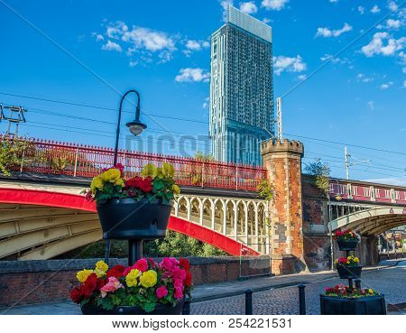 Manchester, United Kingdom - July 22, 2018: Castlefield And The Beetham Tower Set Against The Blue S