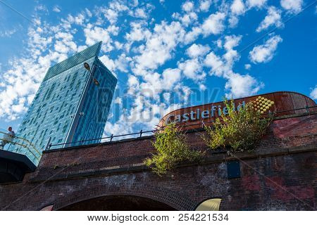 Manchester, United Kingdom - July 22, 2018: Castlefield And The Beetham Tower Set Against The Blue S
