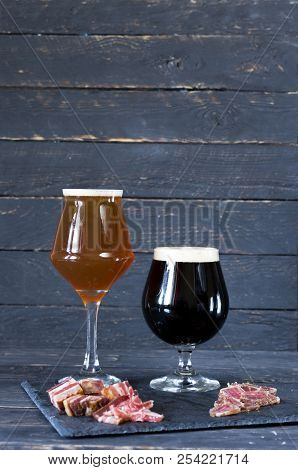 Beer And Jerk Meat. Dark And Light Beer.