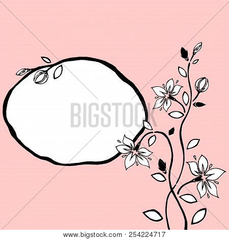 Ink, Pencil, Spring Flowers Sketch With Frame For Text. Line Art Background. Hand Drawn Nature Paint