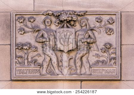Edinburgh, Scotland, Uk - June 13, 2012: Consilium Pietas Politea Slogan As Mural On Beige-brown Fro