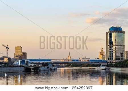 Moscow, Russia - June 18, 2018: Presnenskaya Embankment Of River Moscow. Bagration Bridge And Tower 