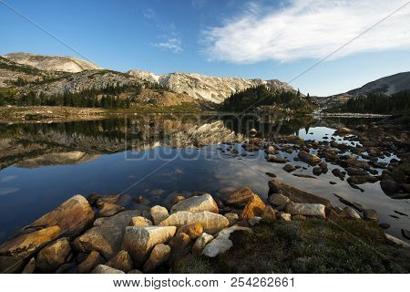 Sugarloaf Mountain And Medicine Bow Peak Reflected In Libby Lake  In Medicine Bow National Forest In