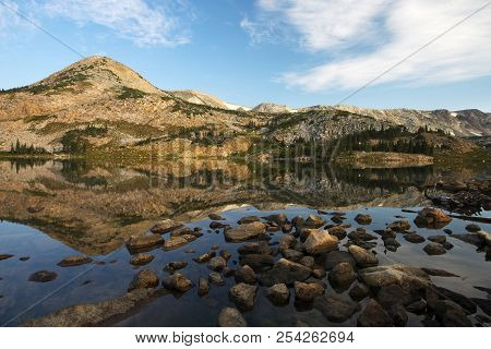 Sugarloaf Mountain And Medicine Bow Peak Reflected In Libby Lake  In Medicine Bow National Forest In
