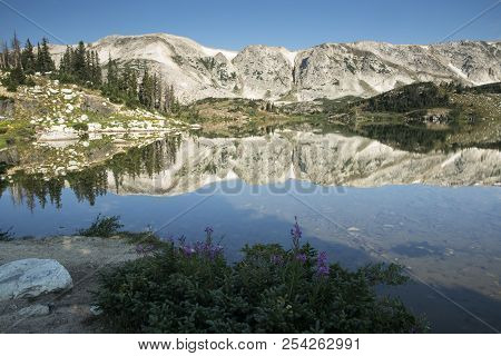 Sugarloaf Mountain And Medicine Bow Peak Reflected In Libby Lake  In Medicine Bow National Forest In