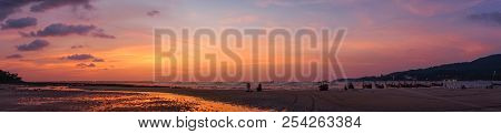Panorma - Beautiful Orange Purple Sunrise At Beach Shore Of Thailand