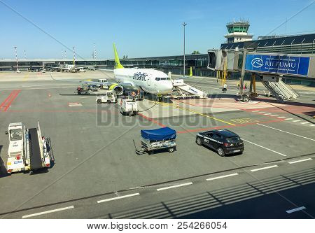 Riga, Latvia - May 5, 2018: Airbaltic Aircraft Preparation For Departure In The Riga International A
