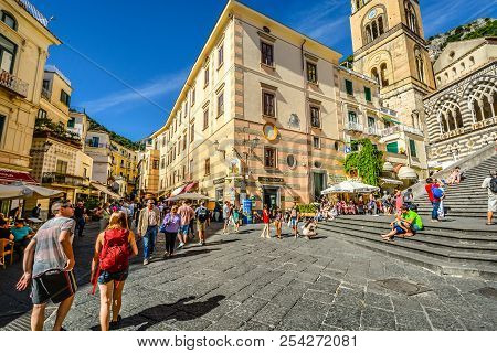 Amalfi, Italy - September 18 2016: The Center Of The Town Of Amalfi On The Amalfi Coast Of Italy Wit
