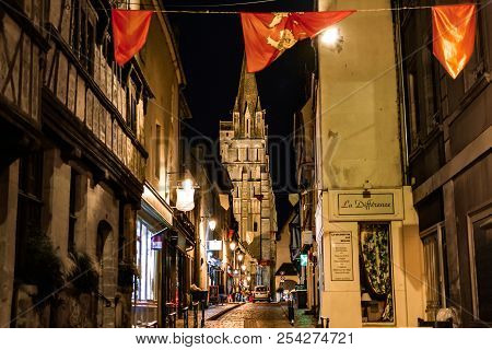 Bayeux, France - September 19 2017: Late Night In The Normandy Village Of Bayeux France As Tourists 