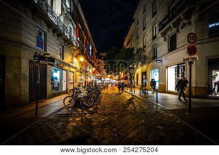 Paris, France - September 23 2017: A Row Of Bicycles For Rent On A Colorful Street In The Latin Quar