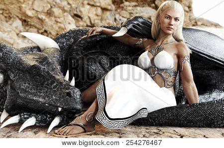 Beautiful Blond Female Posing With Her Mystic Dragon . 3d Rendering