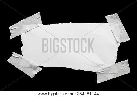White Torn Note Paper With Adhesive Tape. Paper Rip Isolated On Black Background, For Your Message O