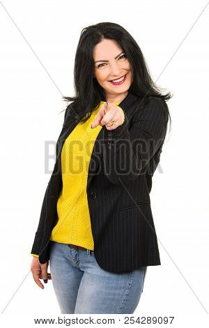 Cheerful Laughing Woman Pointing To You Isolated On White Background