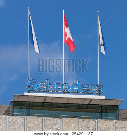 Zurich, Switzerland - September 27, 2017: Upper Part Of A Building Bearing The Sign Of The Schroders