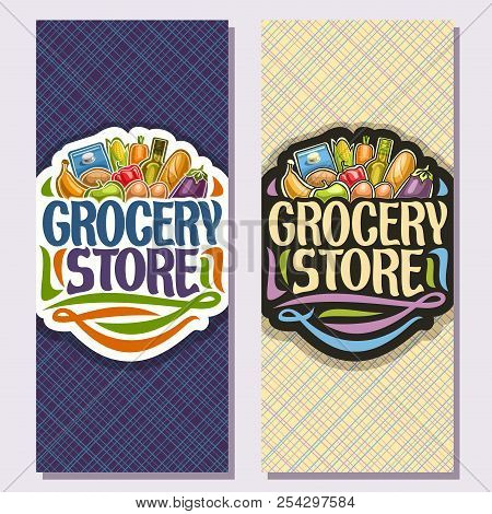 Vector Vertical Banners For Grocery Store, Heap Of Fresh Fruits & Vegetables, Pack Of Milk, Cooking 