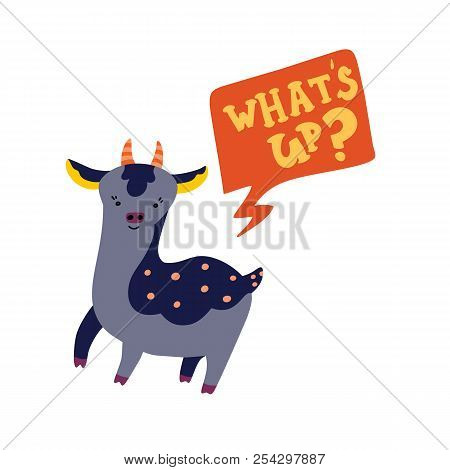 Cute Little Deer With Speech Bubble With Text Whats Up. Cartoon Doodle Vector Character.