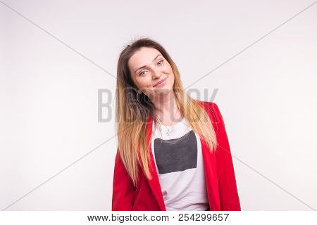 Stylish European Woman In A Red Jaket On White Background
