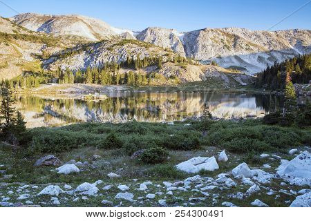 Sugarloaf Mountain And Medicine Bow Peak Reflected In Libby Lake  In Medicine Bow National Forest In