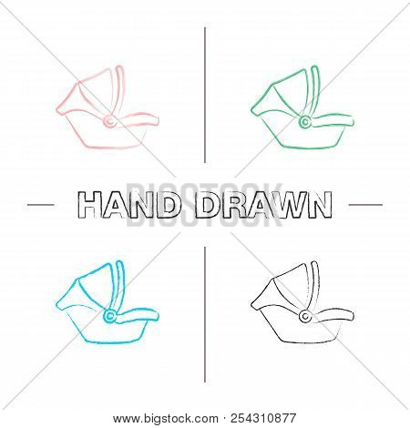 Baby Car Seat Hand Drawn Icons Set. Infant Safety Seat. Child Restraint System. Color Brush Stroke. 