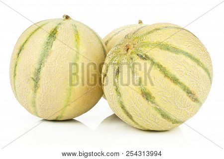 Group Of Three Whole Fresh Melon Cantaloupe Variety Isolated On White Background