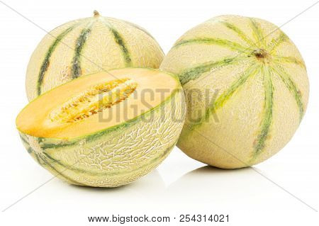 Group Of Two Whole One Half Of Fresh Melon Cantaloupe Variety Isolated On White Background