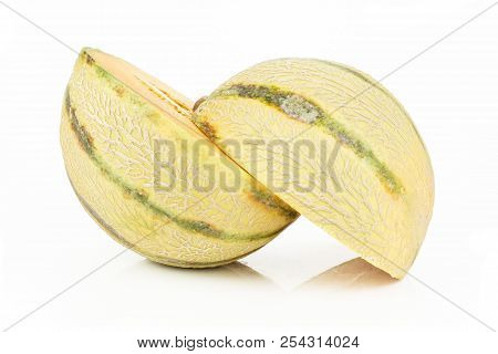 Group Of Two Halves Of Fresh Melon Cantaloupe Variety One Sliced Isolated On White Background