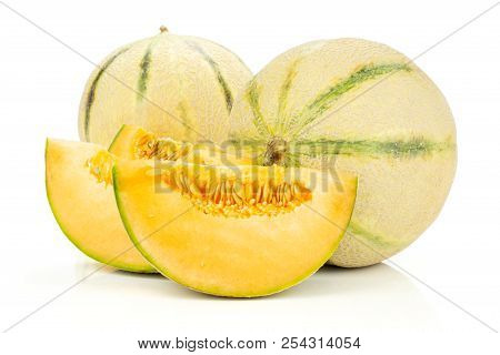 Group Of Two Whole Three Slices Of Fresh Melon Cantaloupe Variety Isolated On White Background