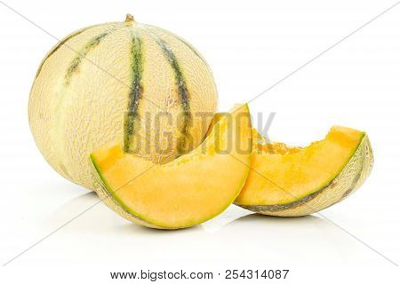 Group Of One Whole Two Slices Of Fresh Melon Cantaloupe Variety Without Seeds Isolated On White Back