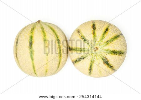 Group Of Two Whole Fresh Melon Cantaloupe Variety Flatlay Isolated On White Background
