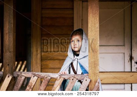 Girl Silver Cloak Hood Looking Sky Old Abandoned House Building Fairy Tale Story Blue Eyes Riding