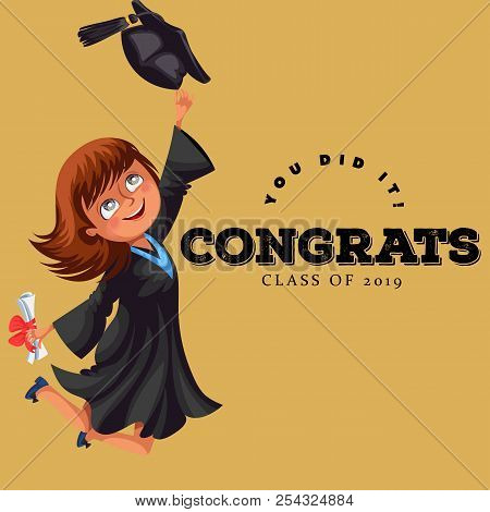 Congrats Graduation Class Of 2018 Flat Colorful Poster. Happy Girl Alumnus Holding Diploma In Hands 
