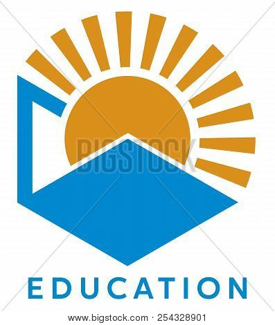 Abstract Education Sign. Sun And Book. Flat Vector Logo Template. Science, Study, Knowledge.