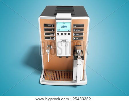 Modern Light Brown Carafe Coffee Machine With Milk Dispenser On One Cup Front View 3d Render On Blue