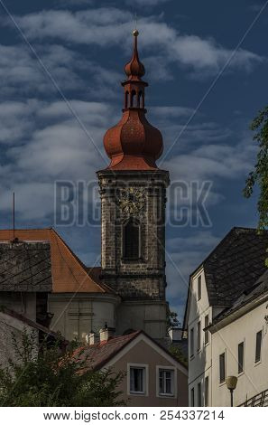 Old Church In Becov Nad Teplou Town In Hot Summer Cloudy Morning