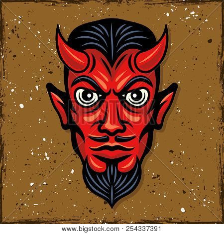 Red Devil Head With Horns Vector Colored Illustration, T-shirt Print In Vintage Style On Background 