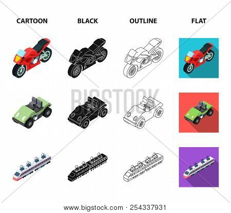 Motorcycle, Golf Cart, Train, Bus. Transport Set Collection Icons In Cartoon, Black, Outline, Flat S