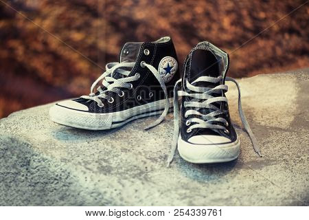 Bergamo - Lombardia - Italy: Dark Blue All-star Shoes In A Shop Window