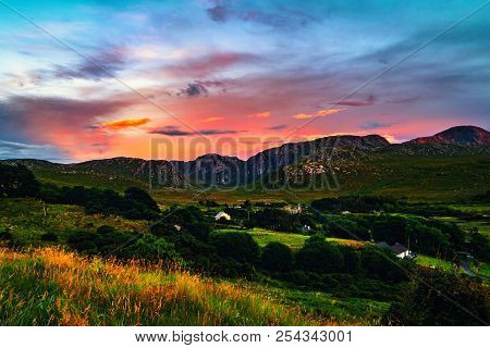 Landscape In Dunlewey With Abandoned Church In Donegal, Ireland
