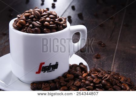 Poznan, Pol - Aug 3, 2018: Cup Of Segafredo Zanetti, A Coffee Brand Owned By Massimo Zanetti Beverag