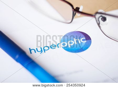 London, Uk - August 18, 2018: Hyper Optic Broadband Logo With Glasses And Pen.