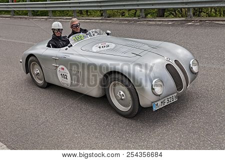 Passo Della Futa, Fi, Italy - May 18, 2013: Crew On A Classic Racing Car Bmw 328 Berlin-rom Touring 