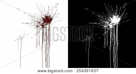 Computer Simulation Of Splashes And Blood Flows On A White Wall. Digital Illustration With Alpha Mat