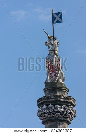 Edinburgh, Scotland, Uk - June 13, 2012: Closeup Of White Unicorn With Scottish Flag On Top Of Merca