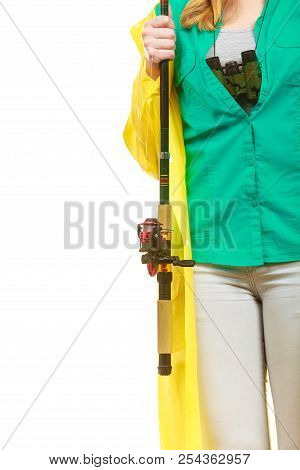 Spinning Sport Equipment Concept. Person Holding Fishing Rod With Float And Waggler With Line.