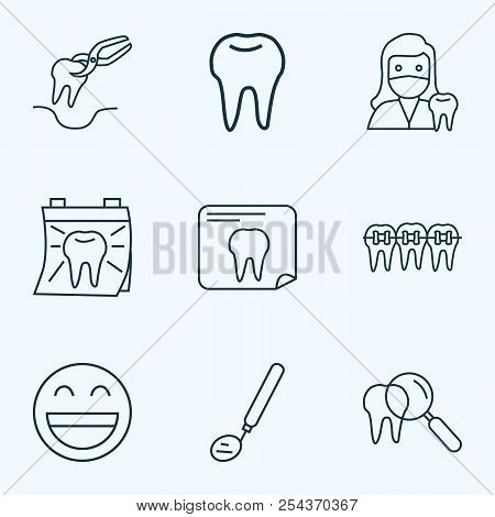 Tooth Icons Line Style Set With Tooth Extraction, Dentist Day, Tooth X-ray And Other Doctor Elements