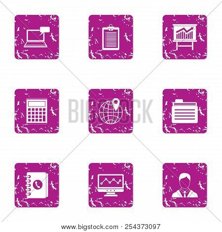 Stockbroker Icons Set. Grunge Set Of 9 Stockbroker Vector Icons For Web Isolated On White Background