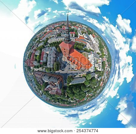 Aerial View On Spherical Panorama City, Old Town, City Center, Green City, Cathedral And Block House