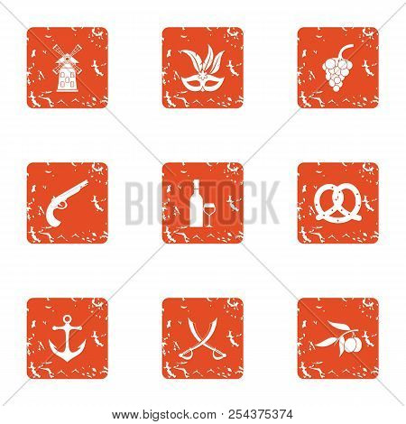 Buccaneer Icons Set. Grunge Set Of 9 Buccaneer Vector Icons For Web Isolated On White Background